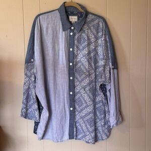 American Eagle Blue Patchwork Linen Blend Button Down Shirt Womens Medium 4402